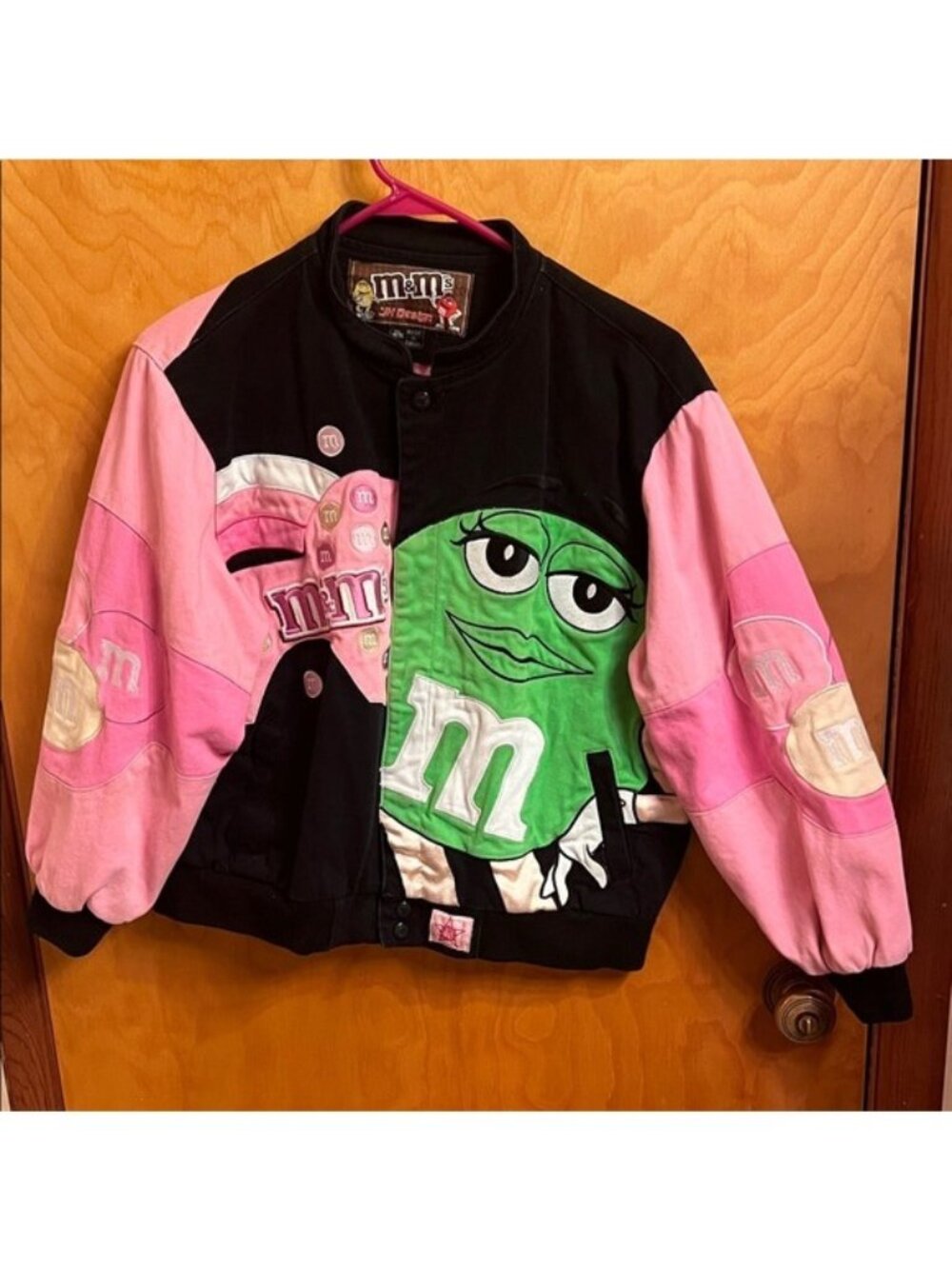 JH Design M&M'S Denim Pink & Green Embroidered Jacket Youth 2XL or Woman SM/Med